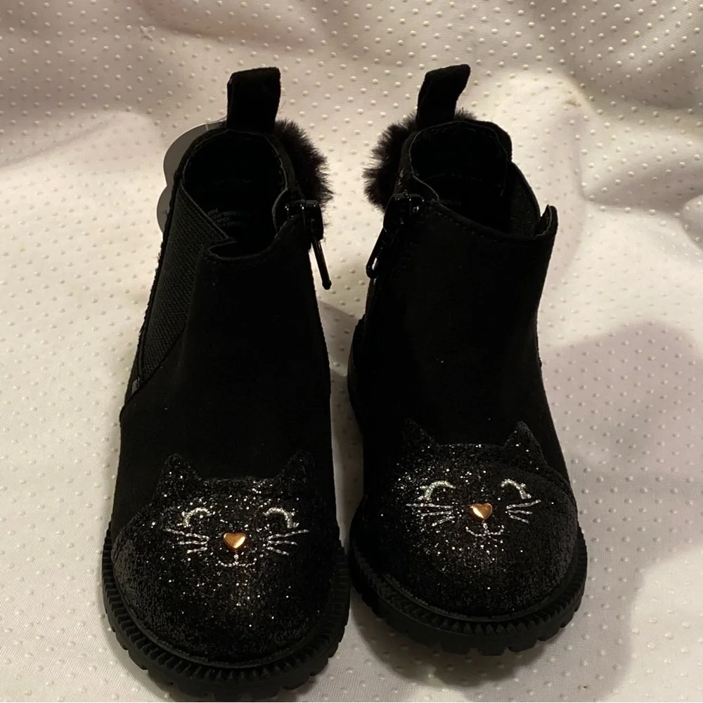 Wonder Nation Shoes Girls Size 5 Black‎ Side Zip New With Tags Cat Print